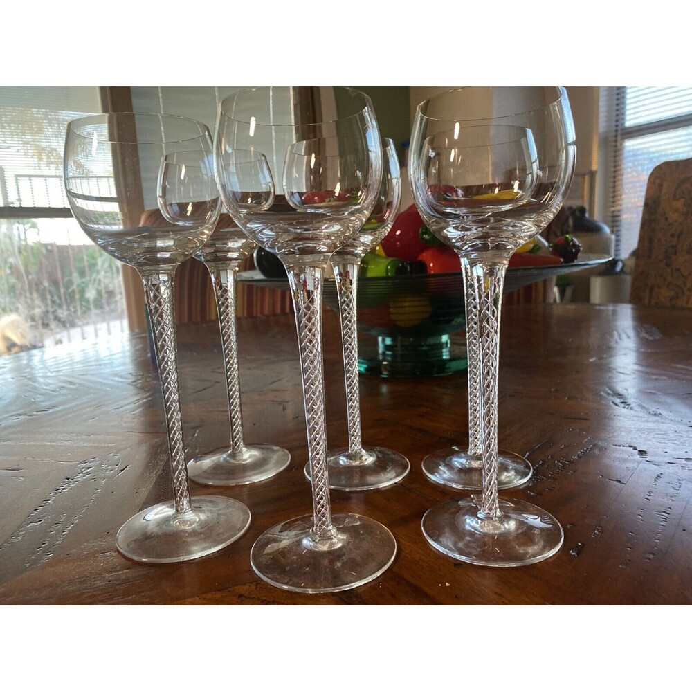 Hand Blown Clear Crystal Air Twist 9" Long Stem Wine Glasses